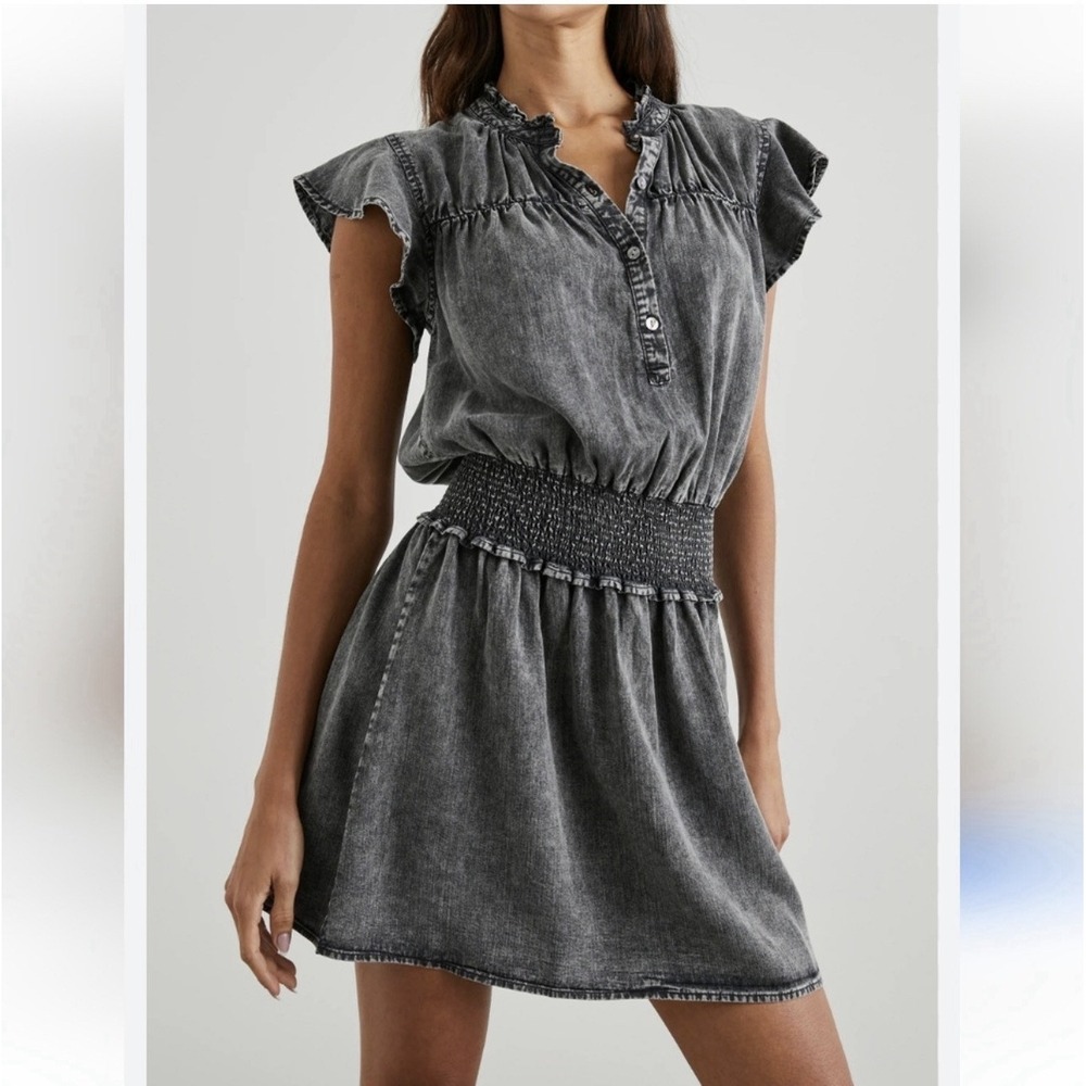 Rails Amina Mini Dress Black Acid Washβ Smocked Waist Ruffle Sleeve Sz XS